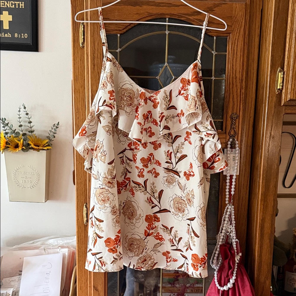SHEIN Floral Ruffle Blouse - Cream and Orange